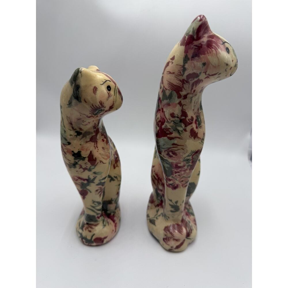 Vintage Floral Decoupage cat Figurines pair size 11 & 9 Cottagecore decor - Picture 2 of 6